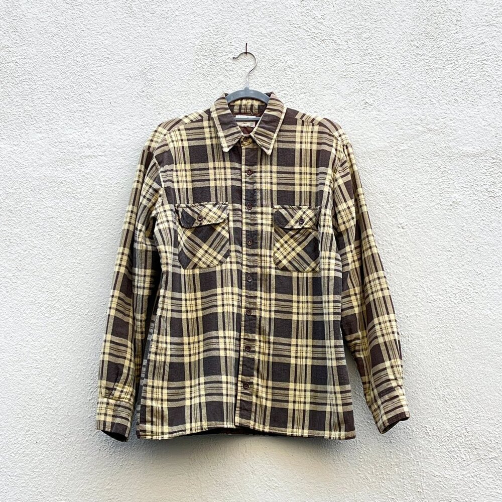 Vintage 80s Sears Men's Store Yellow & Brown Plaid Flannel Shacket Jacket Medium